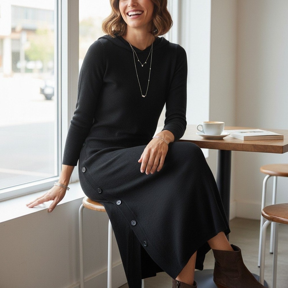 NEW Sweater Dress Women S Black Hooded Side Button Gothic Witchy Boho Minimalist